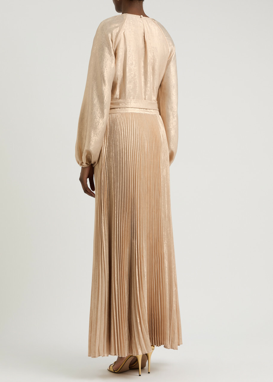 Jonathan Simkhai Varenya Belted Metallic Maxi Dress Gold