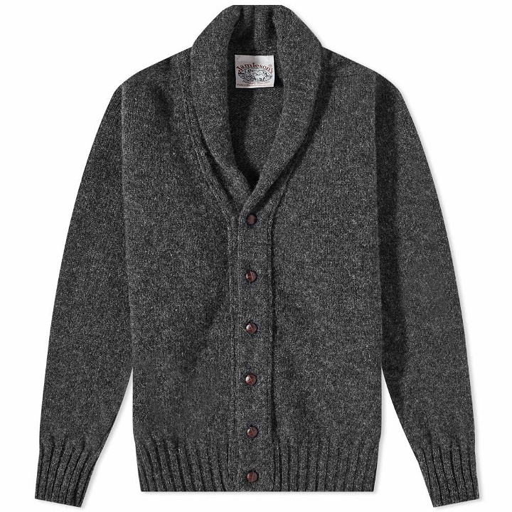 Photo: Jamieson's of Shetland Men's Elbow Patch Shawl Collar Cardigan in Charcoal