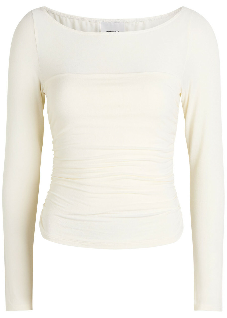 Reformation Julian Ruched Stretch-knit top Ivory