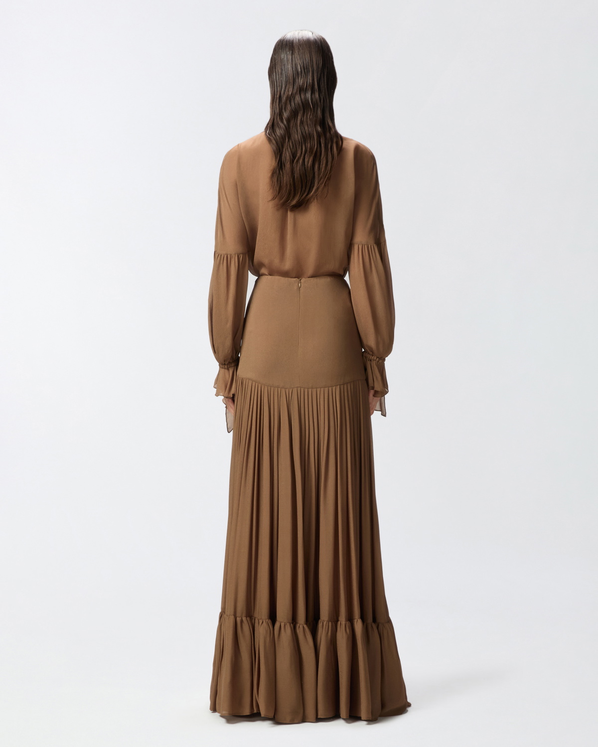 Pinko Long Frilly Skirt In Viscose Georgette Brown Acorn