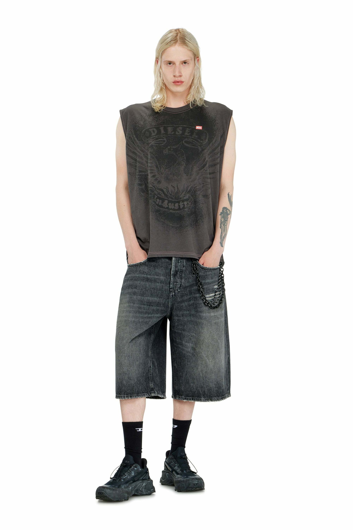 Diesel Sleeveless top in cotton with tonal graphic - T-Shirts Mens in Grey
