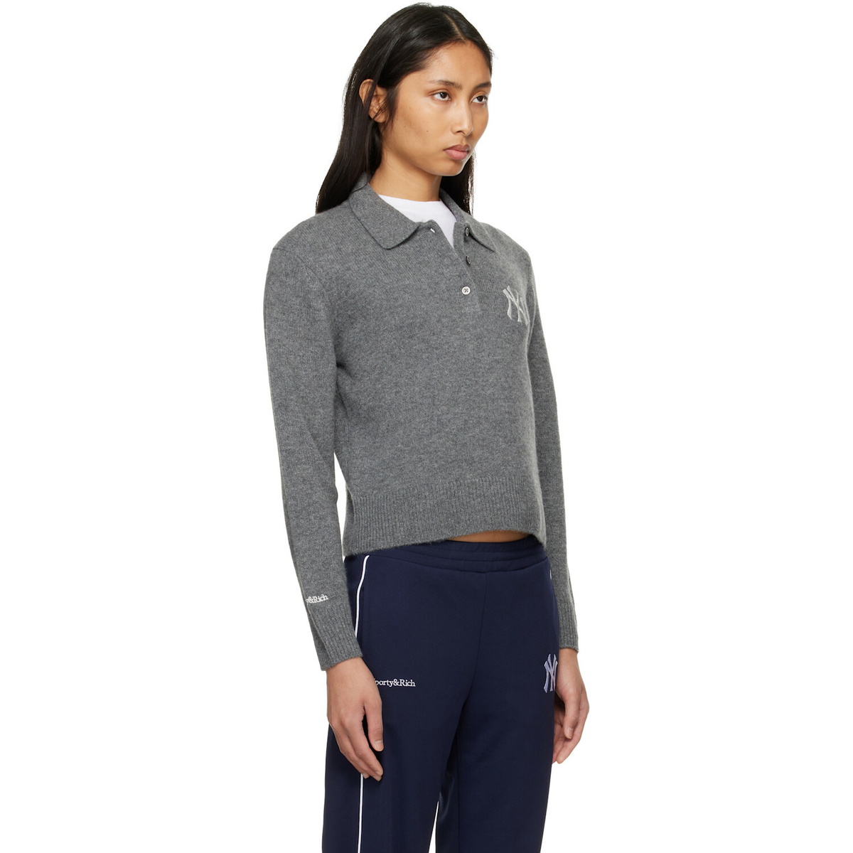 Sporty & Rich Gray Heritage Yankees Serif Cashmere Polo