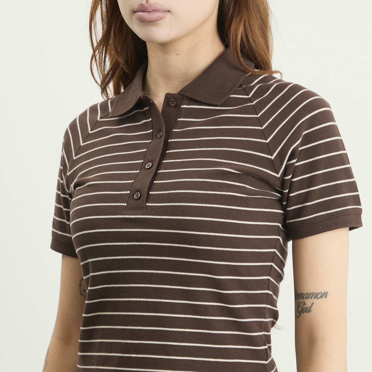 Samsøe Samsøe Women's Samia Short Sleeve Polo Top in Coffee Brown Stripe