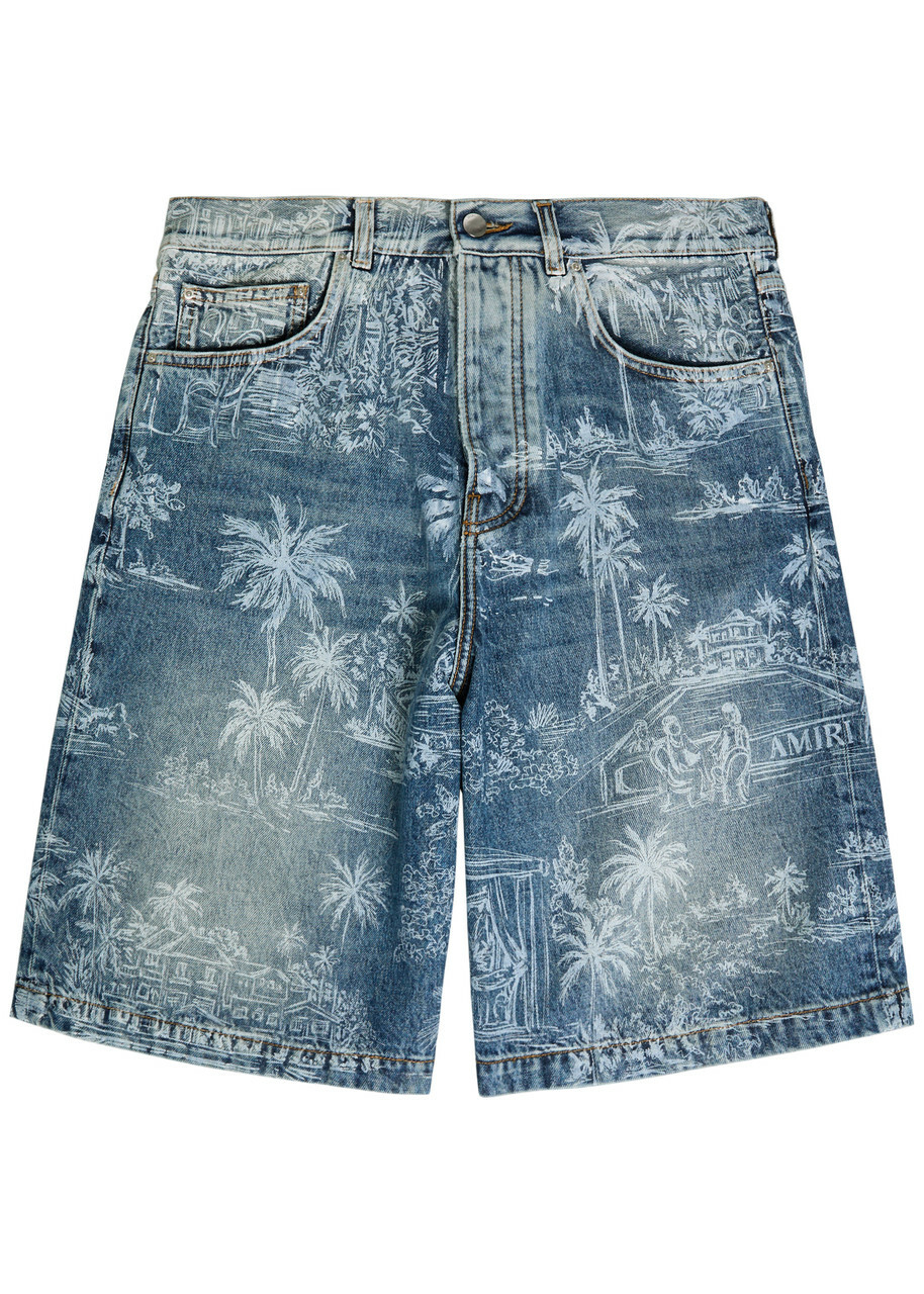 Amiri Blue Denim Floral Leaf Shorts Amiri