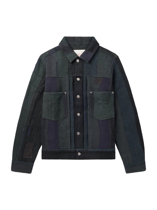 Photo: Kardo - Marvin Distressed Patchworked Kantha Cotton Trucker Jacket - Blue