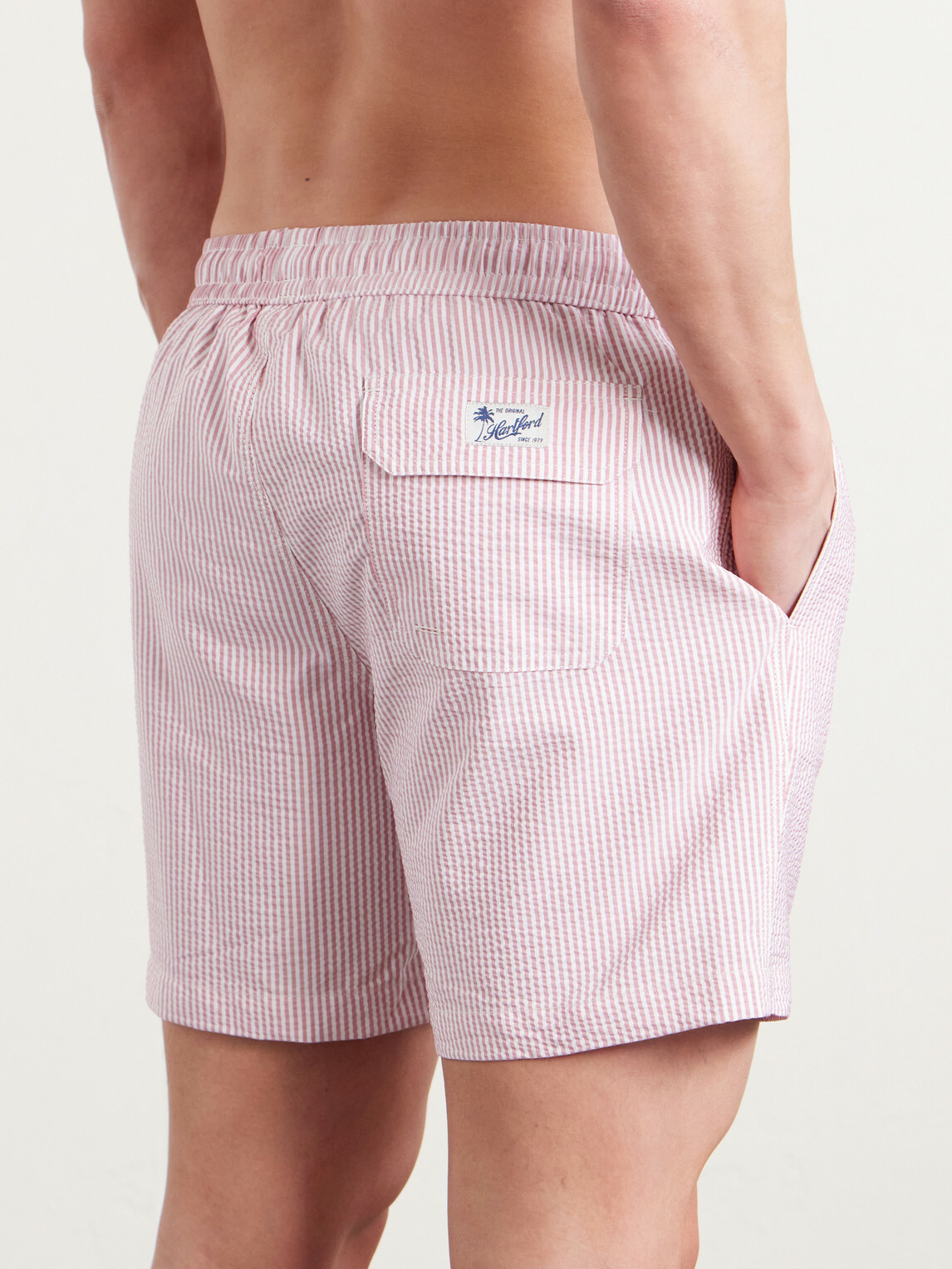 Hartford - Straight-Leg Mid-Length Striped Seersucker Swim Shorts - Red