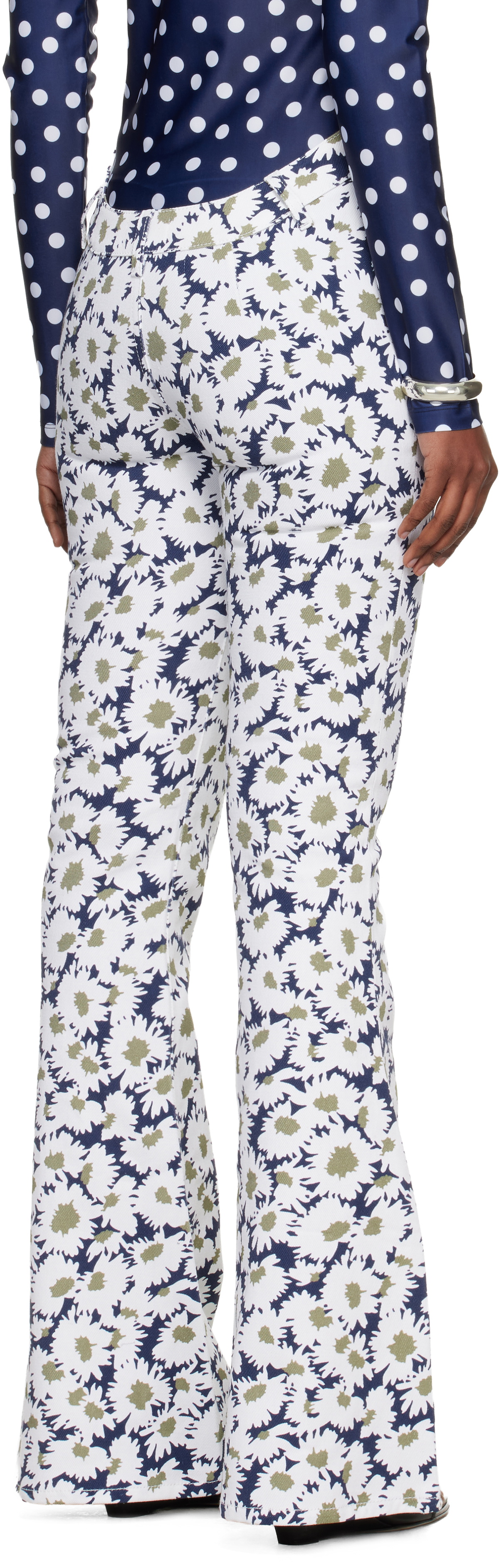 Jean Paul Gaultier White & Navy 'The Curved Flower' Jeans