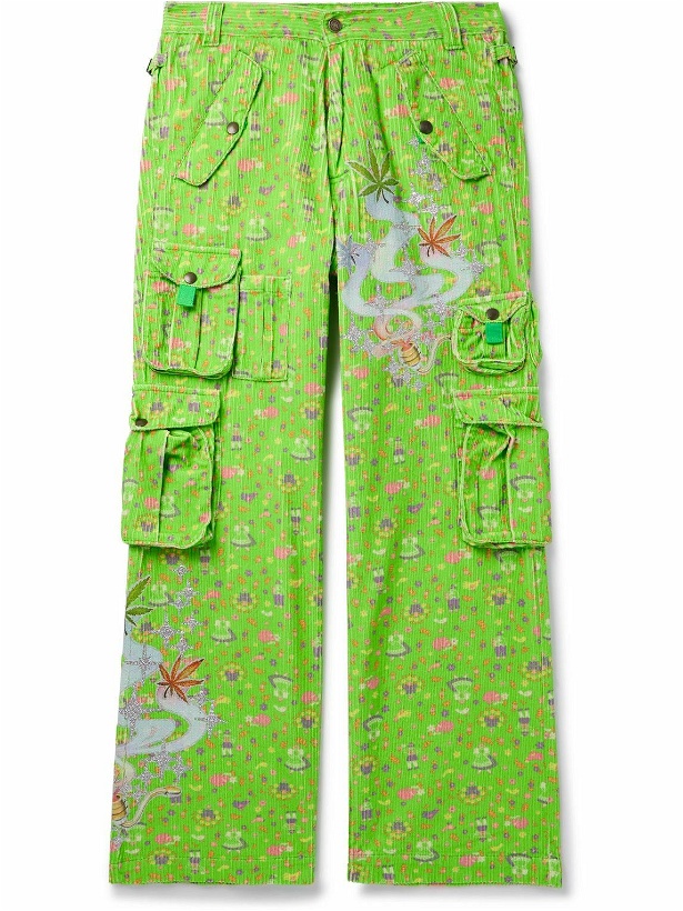 Photo: ERL - Straight-Leg Glittered Printed Cotton-Corduroy Cargo Trousers - Green