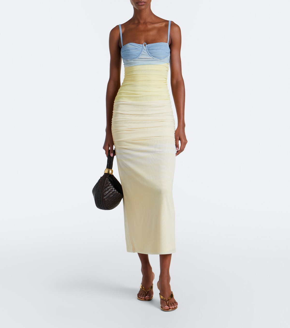 SIR Printed ruched mesh midi dress