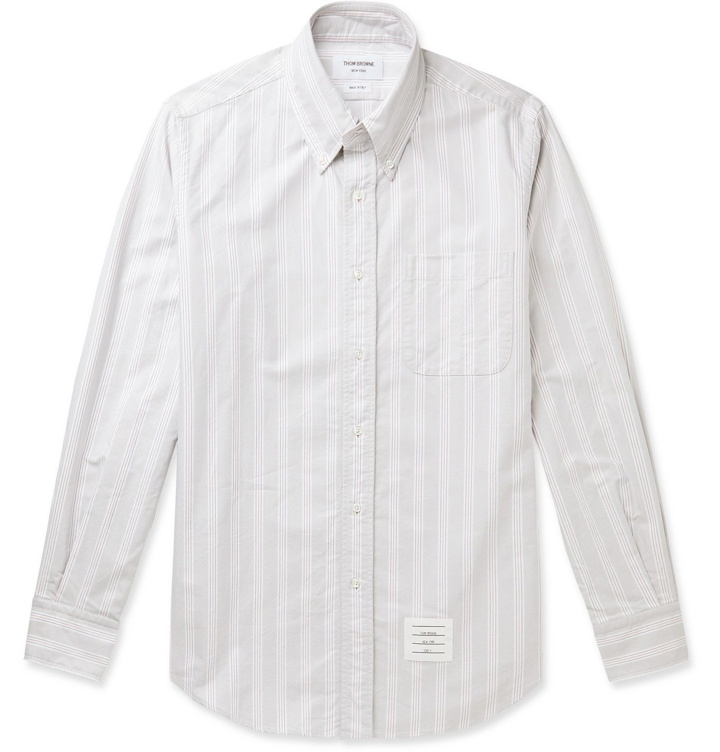 Photo: Thom Browne - Button-Down Collar Appliquéd Striped Supima Cotton Oxford Shirt - Gray
