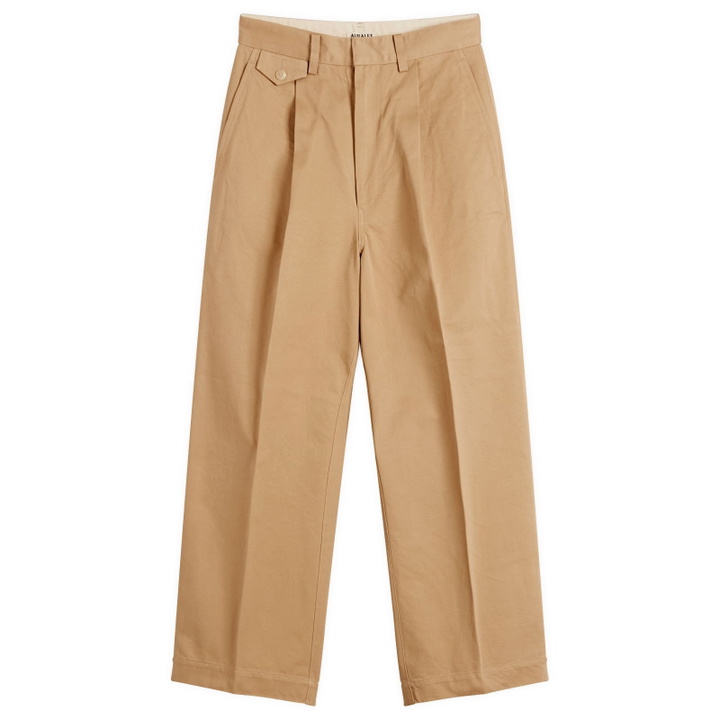 Photo: Auralee Women's Washed Finx Chino One-Tuck Pants in Camel Brown