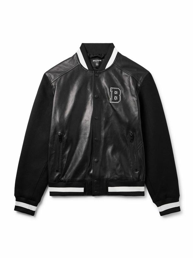 Photo: Balmain - Logo-Appliquéd Leather and Wool Varsity Jacket - Black