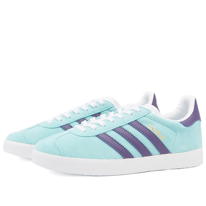 Photo: Adidas Men's Gazelle Sneakers in Clear Aqua/Tech Purple