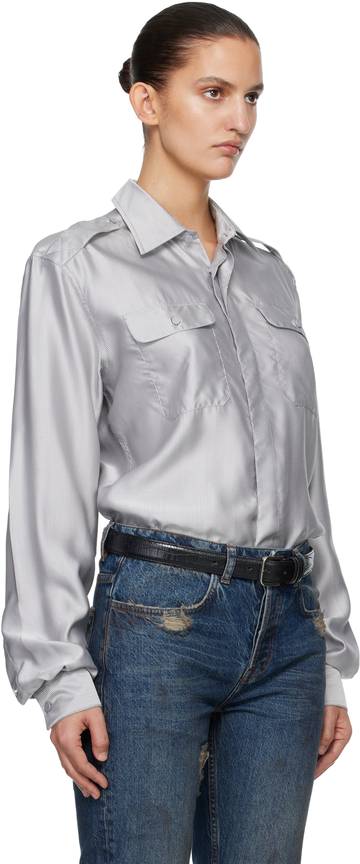 AARON ESH Gray Silk Military Shirt