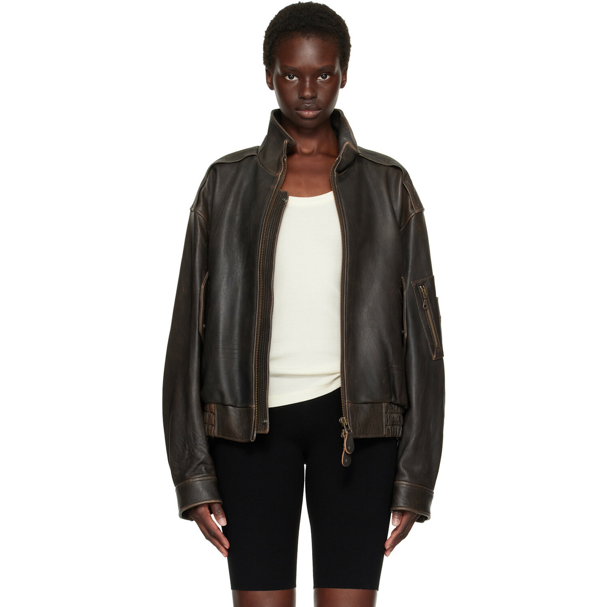 COOR Brown Vintage Shelter Neck Collar Leather Jacket
