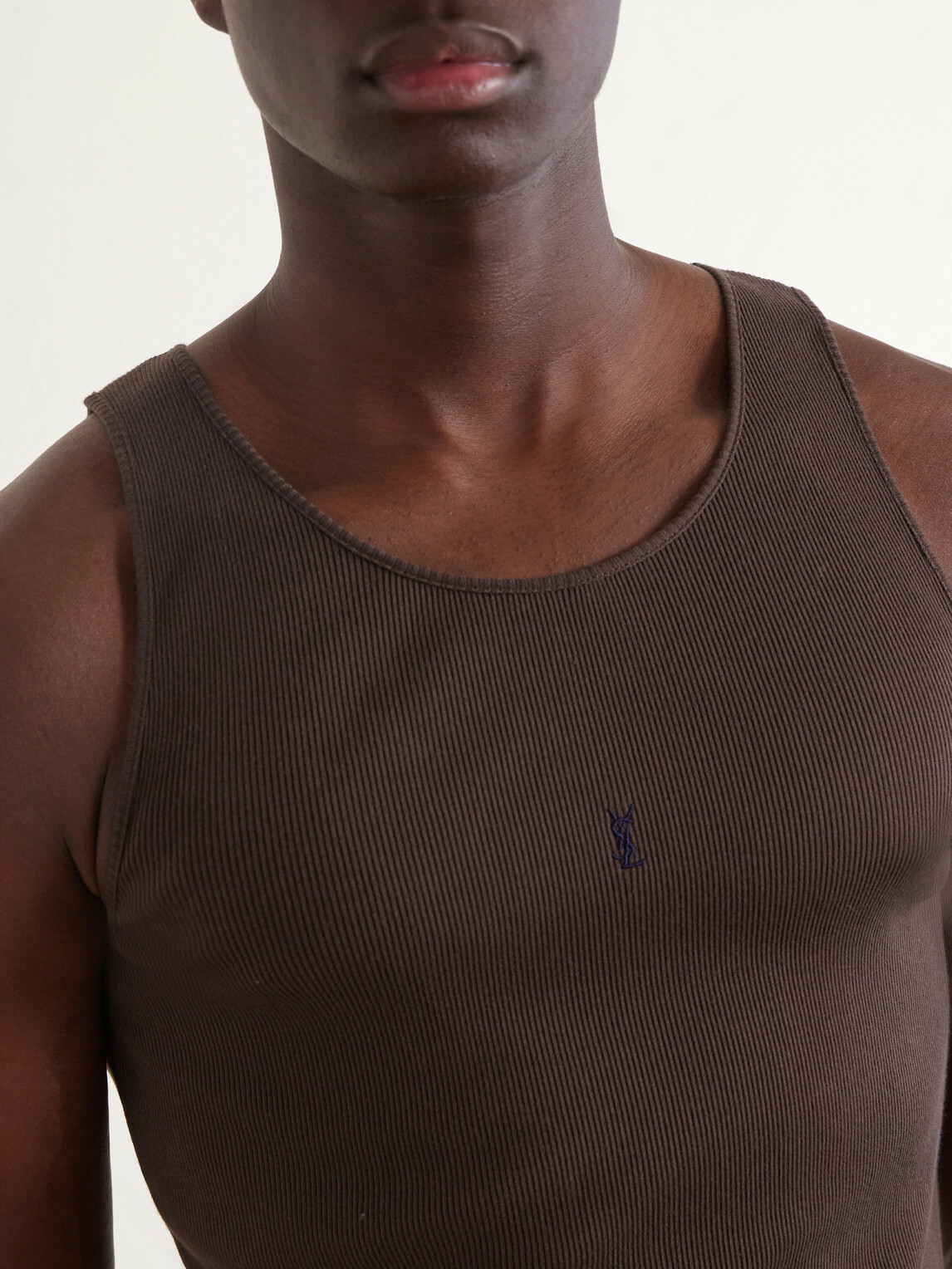 SAINT LAURENT - Logo-Embroidered Ribbed Cotton Tank Top - Brown