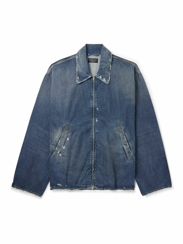 Photo: Balenciaga - Oversized Distressed Denim Jacket - Blue