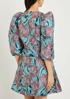 Sister Jane Deco Bloom Floral-jacquard Woven Mini Wrap Dress Blue