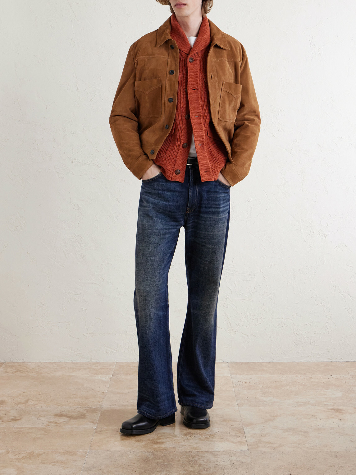 RRL - Shawl-Collar Ribbed Cotton and Wool-Blend Cardigan - Orange