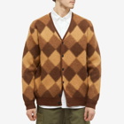 Beams Plus Men's Double Argyle Jacquard Cardigan in Brown