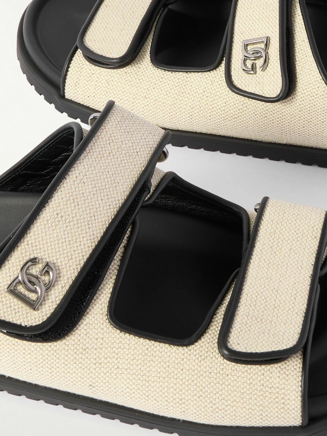 Dolce&Gabbana - Logo-Embellished Leather-Trimmed Canvas Slides - Neutrals