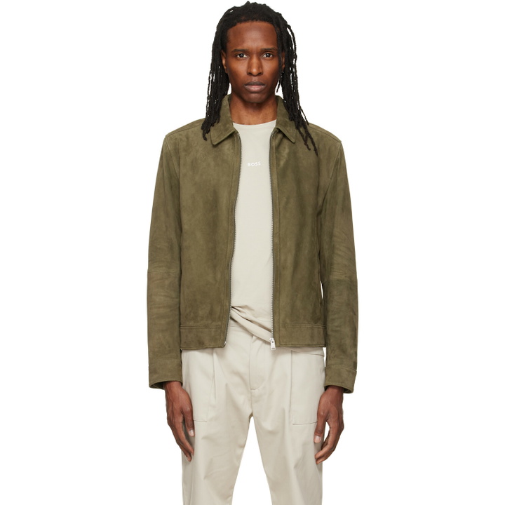 Photo: BOSS Khaki Zipper Closure Suede Jacket