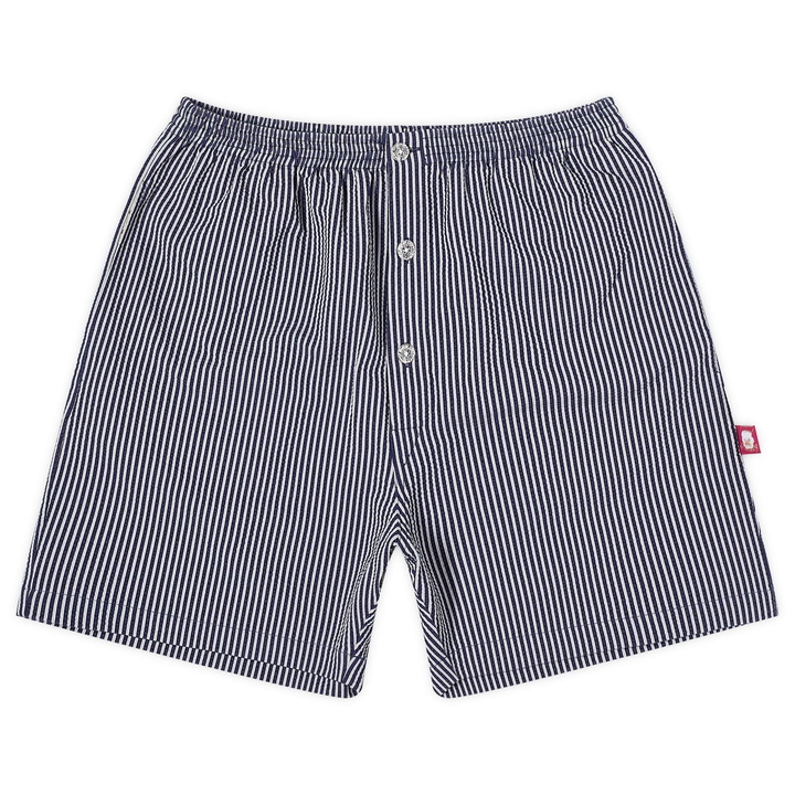 Photo: Advisory Board Crystals Men's 1960’S Malibu High Gauze Stripe Shor in Navy Stripe