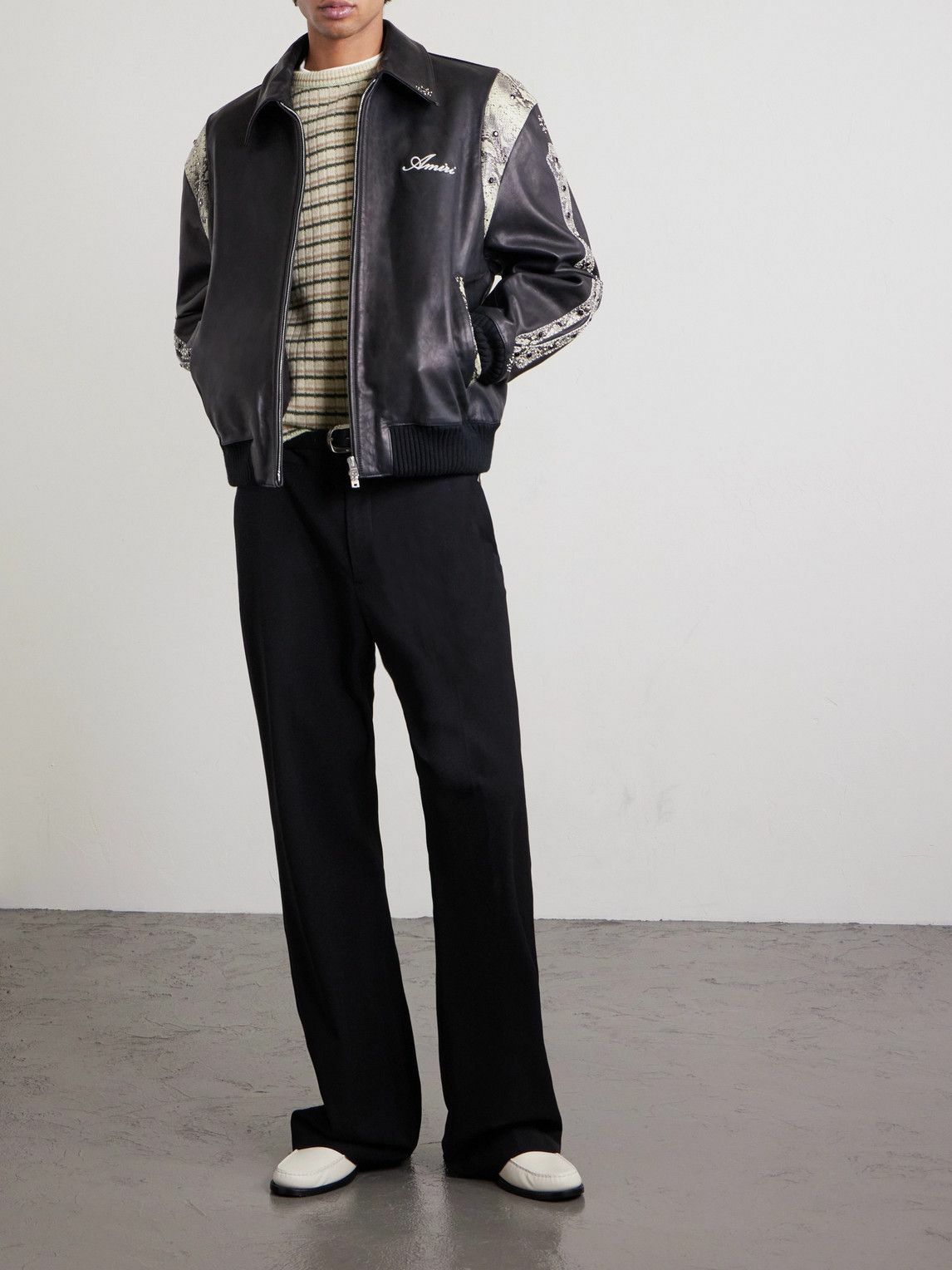AMIRI - Bones Snake-Effect Panelled Studded Logo-Embroidered Leather Jacket - Black
