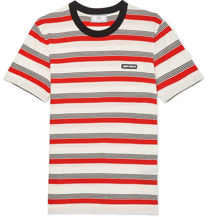 Photo: AMI - Logo-Appliquéd Striped Cotton-Jersey T-Shirt - Men - Red