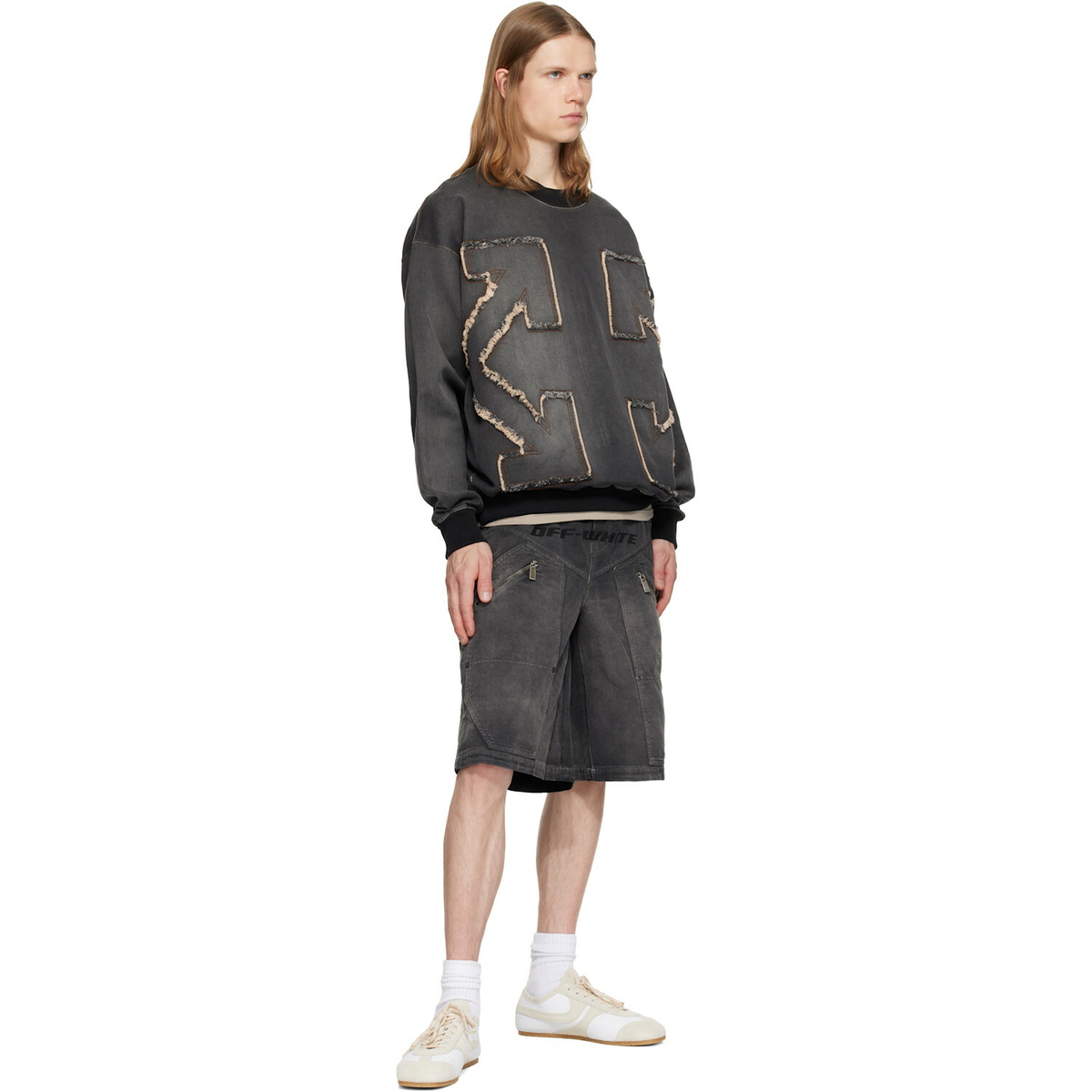 Off-White Gray Distress Arr Skate Crewneck Highlighted Sweatshirt