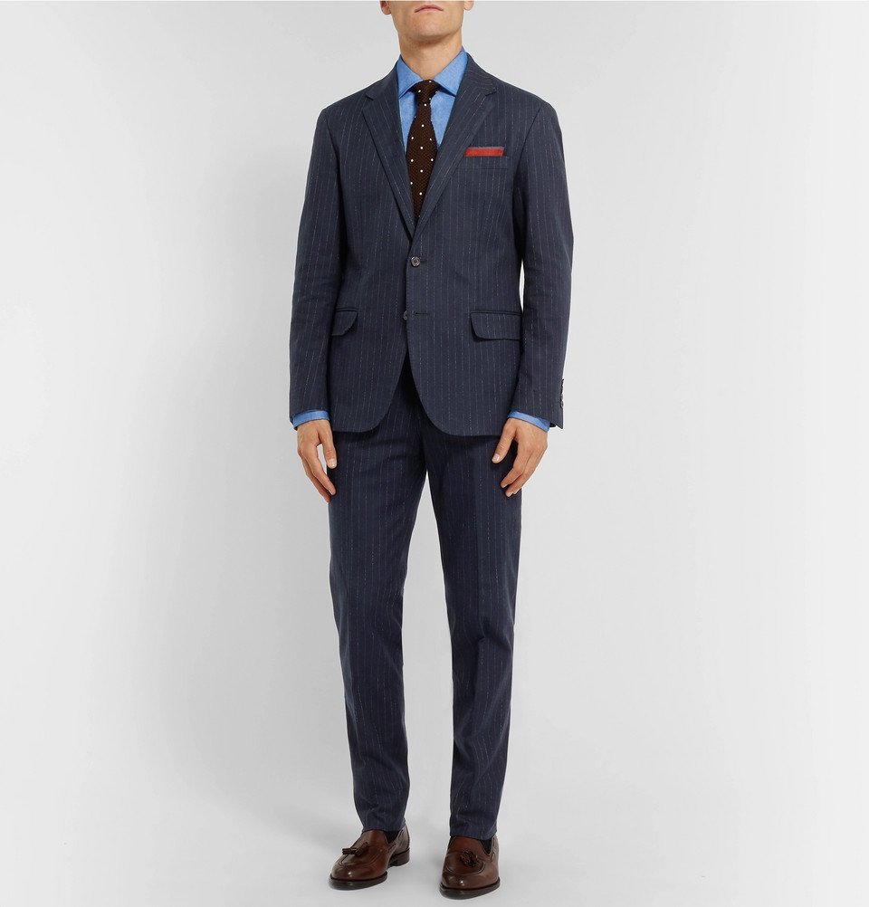 Navy Blue Pinstripe Suit In Stretch Wool