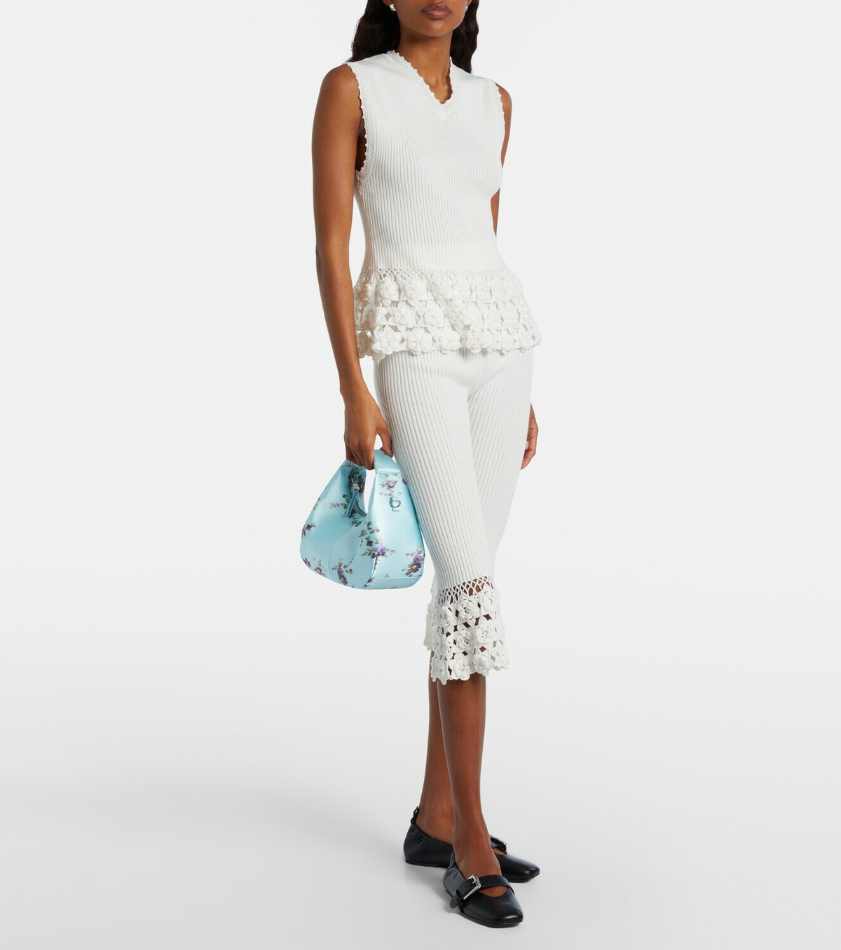 Ganni Crochet-trimmed ribbed cotton-blend capri pants