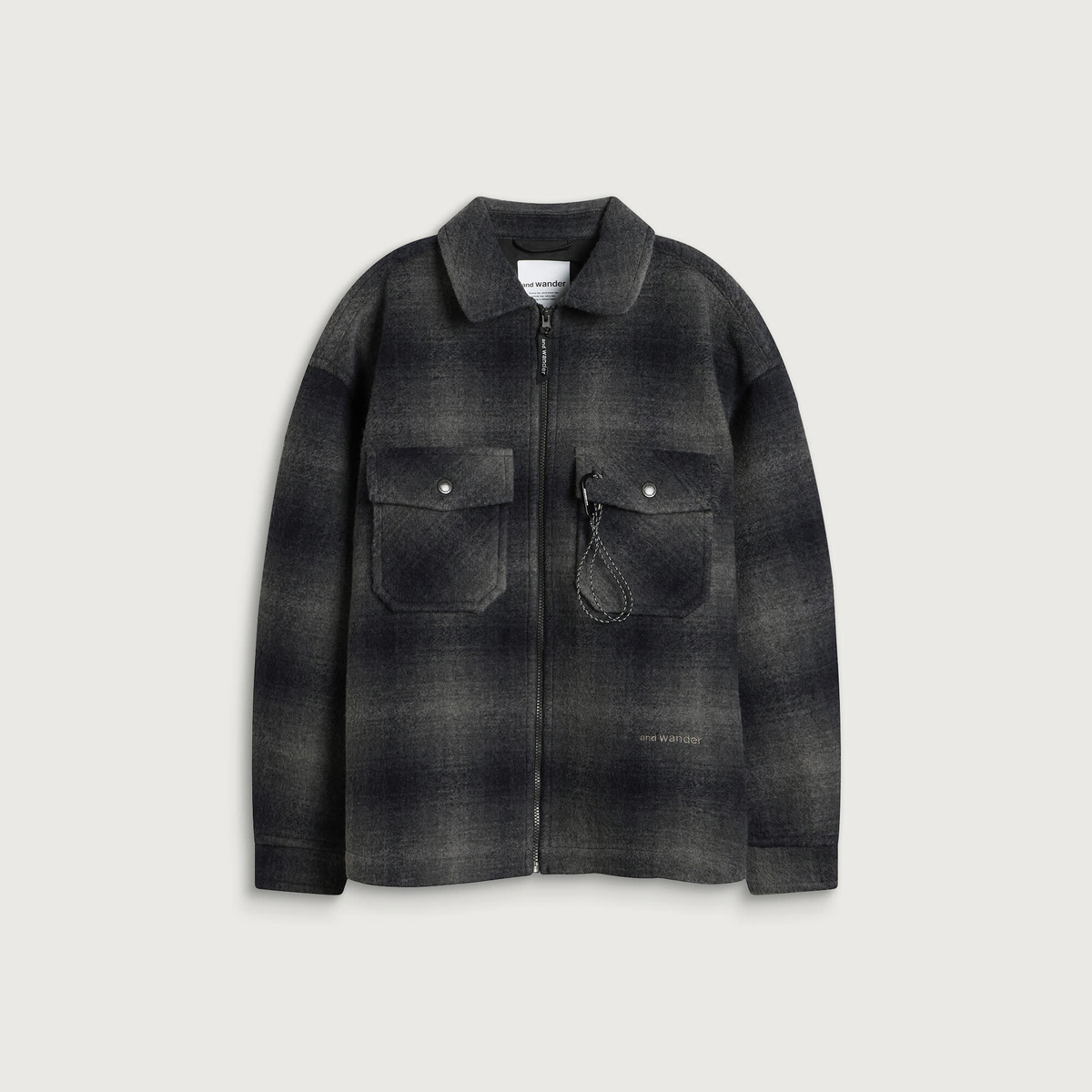 And Wander Men's Wool Shaggy Check Zip Jacket in Charcoal