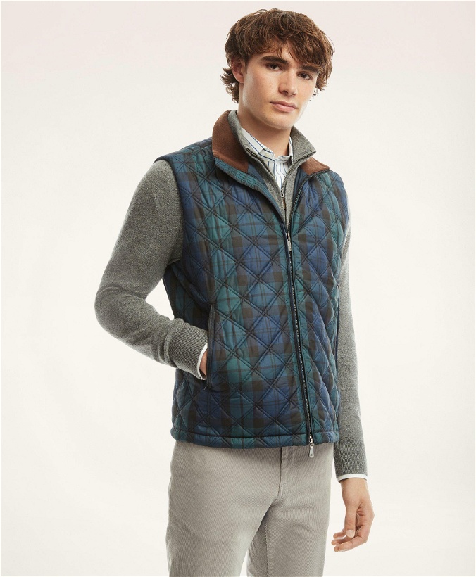 Photo: Brooks Brothers Men's Paddock Quilted Black Watch Vest | Navy/Green