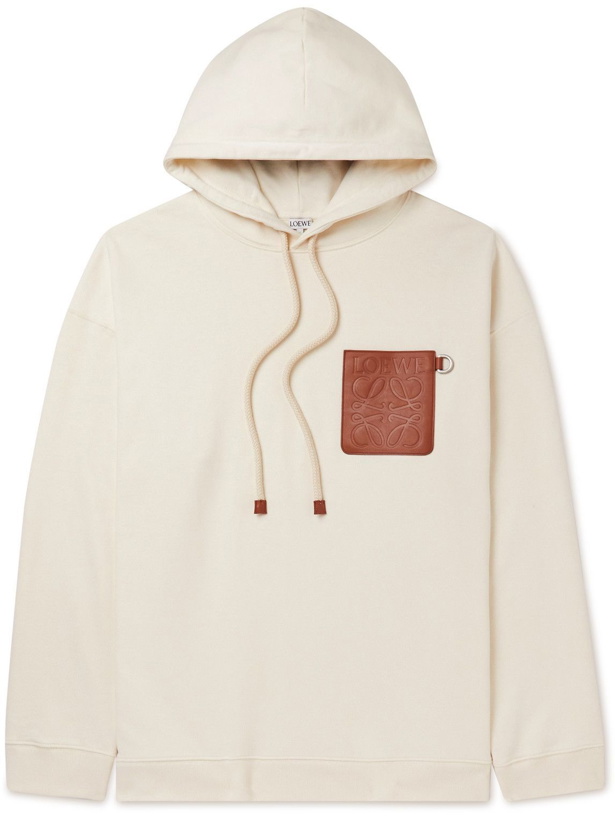 Photo: Loewe - Anagram Leather-Trimmed Cotton-Jersey Hoodie - Neutrals