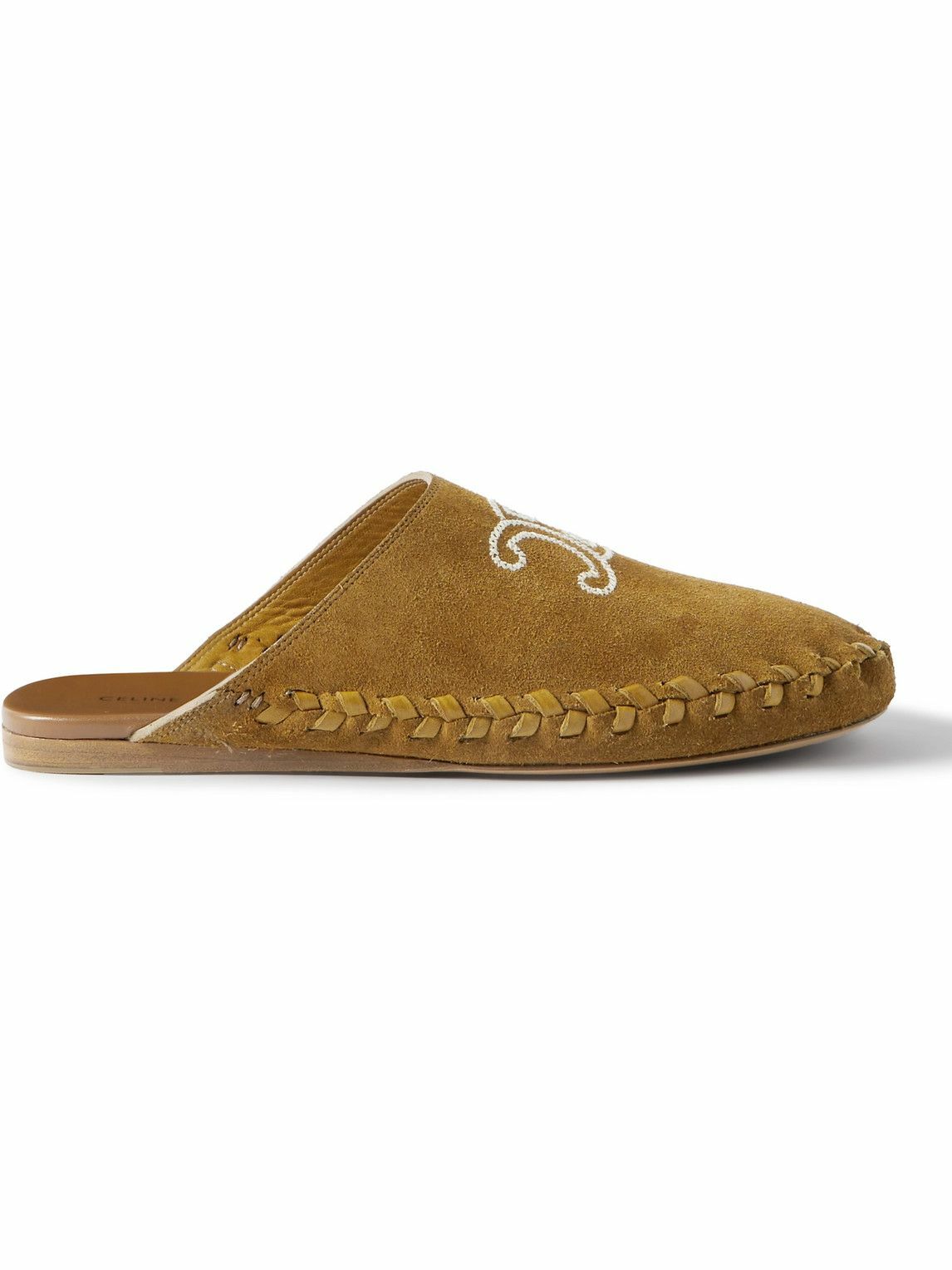 CELINE - Leather-Trimmed Logo-Embroidered Suede Mules - Brown