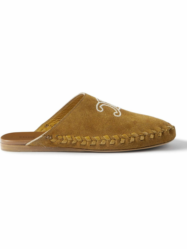 Photo: CELINE - Leather-Trimmed Logo-Embroidered Suede Mules - Brown