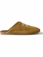 CELINE - Leather-Trimmed Logo-Embroidered Suede Mules - Brown