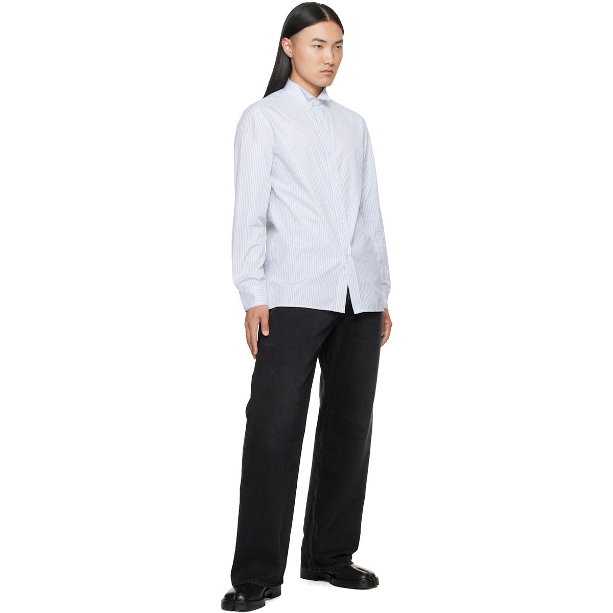 Maison Margiela White & Blue Striped Cotton Shirt