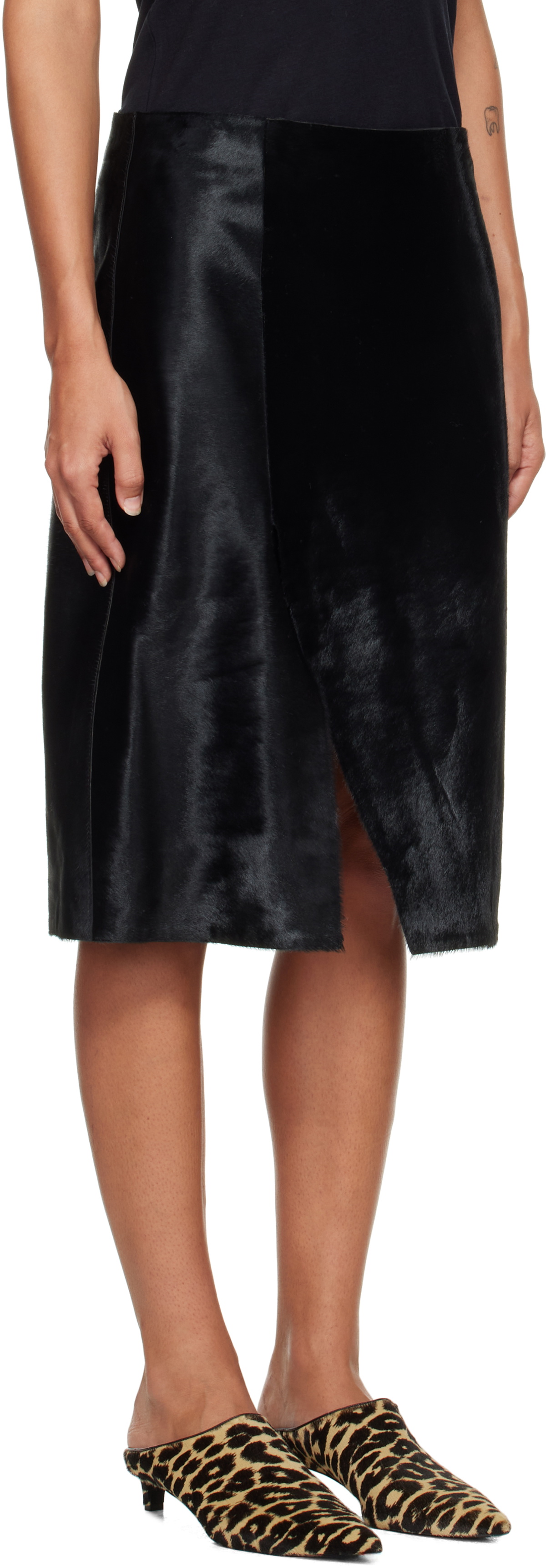 Loulou de Saison Black Myra Asymmetrical Pony-Effect Leather Midi Skirt