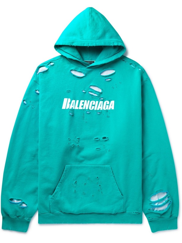 Photo: BALENCIAGA - Oversized Distressed Logo-Print Organic Cotton-Jersey Hoodie - Blue - M