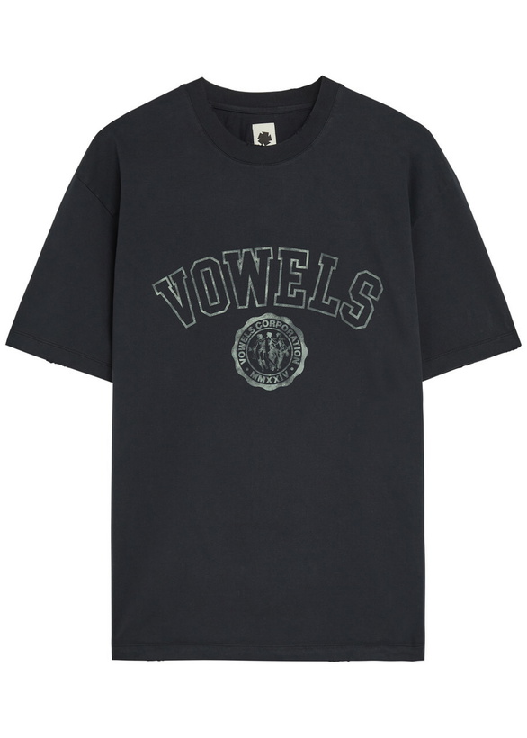 Photo: Vowels Logo-print Distressed Cotton T-shirt Black
