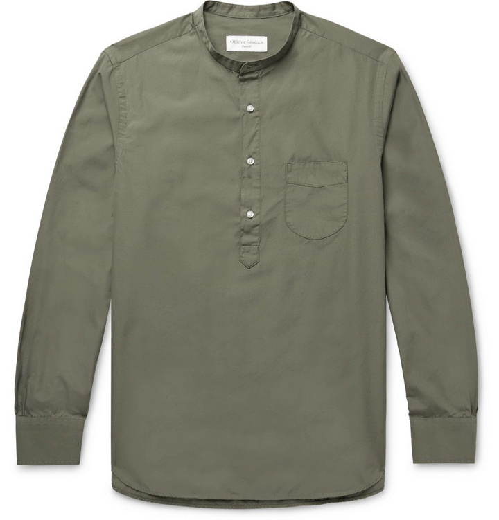 Photo: Officine Generale - Auguste Slim-Fit Grandad-Collar Cotton-Poplin Half-Placket Shirt - Army green