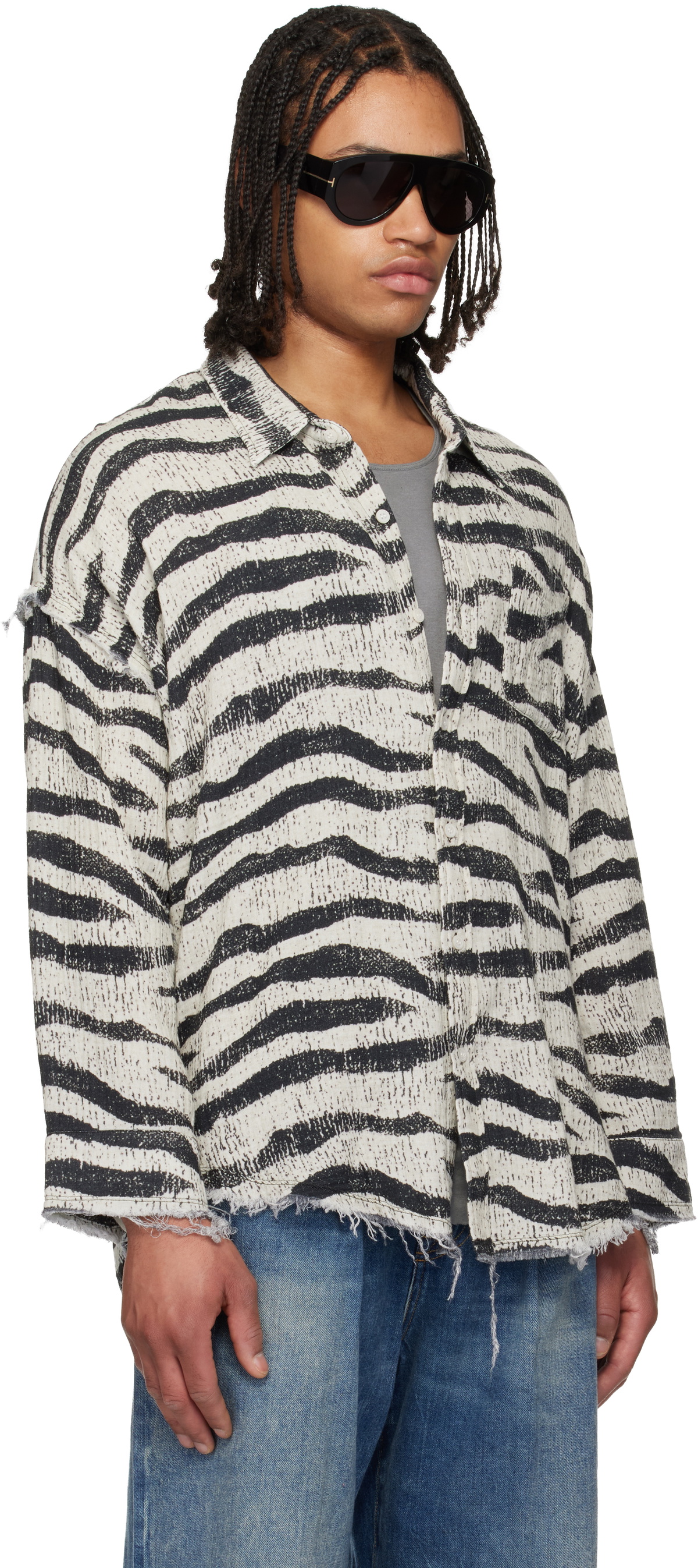 R13 Black & White Shredded Seam Drop Neck Shirt