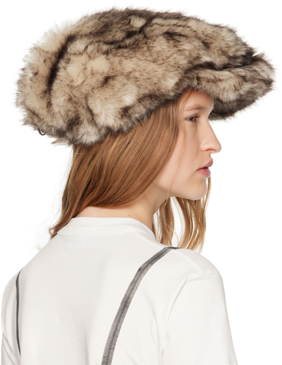 VAQUERA Off-White & Brown Newsboy Wolf Faux-Fur Cap Vaquera
