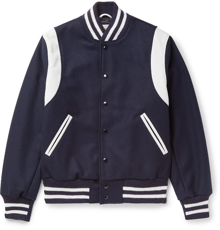 Photo: Golden Bear - The Hayes Leather-Panelled Wool-Blend Bomber Jacket - Blue