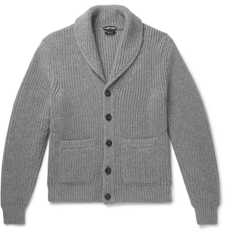 Photo: TOM FORD - Slim-Fit Shawl-Collar Ribbed Cashmere and Mohair-Blend Cardigan - Gray
