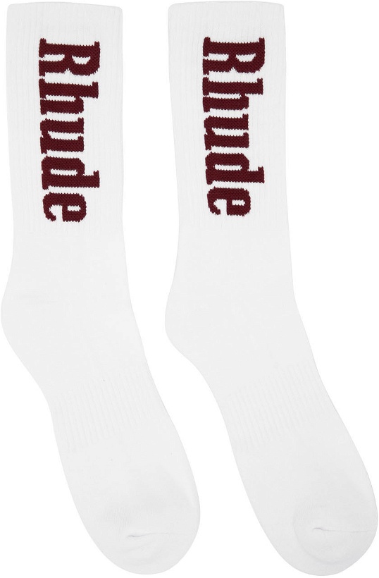 Photo: Rhude White & Burgundy Vertical Logo Socks