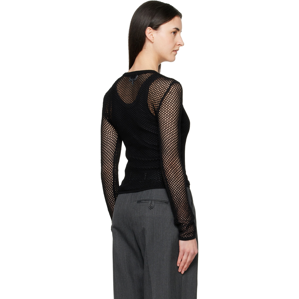 GANNI Black Mercerized Cotton Mesh Pointelle Longsleeve T-shirt