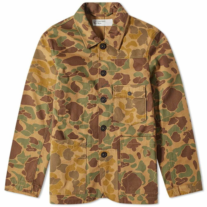 Photo: Universal Works Men's Patched Mill Bakers Jacket in Sand Camo/Khaki Camo